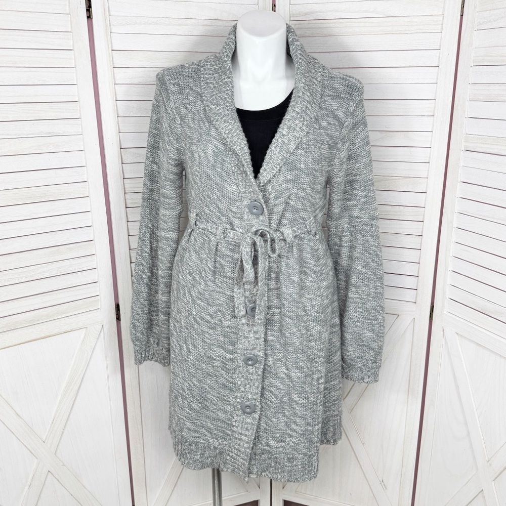 J.J. Always Shawl‎ Collar Belted Balloon Sleeve Long Cardigan Sweater Grey XL